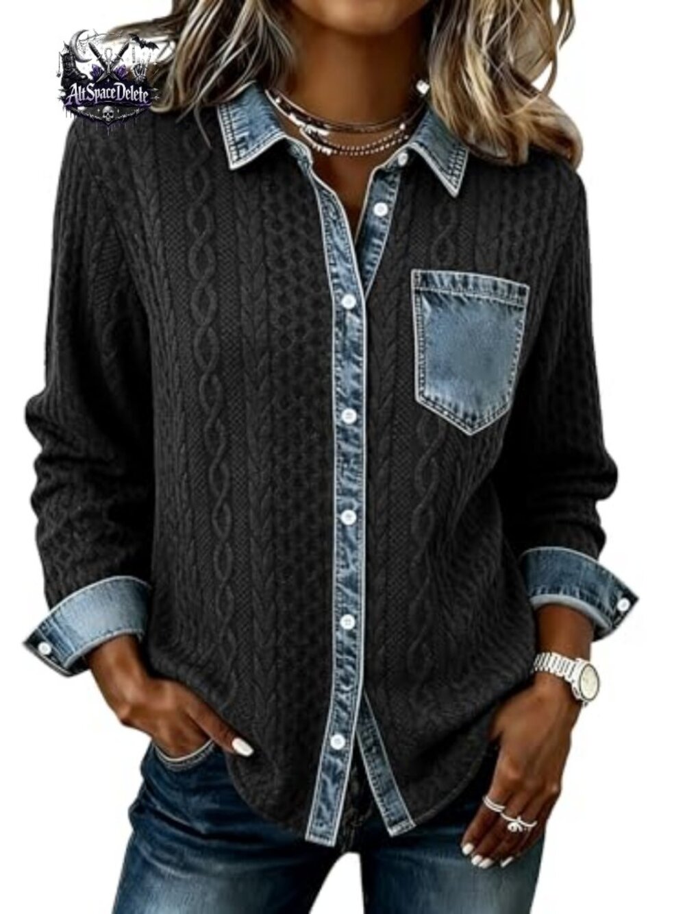 Women's Cable Knit Shacket Denim Patchwork Button Front Loose Fit Casual Jacket